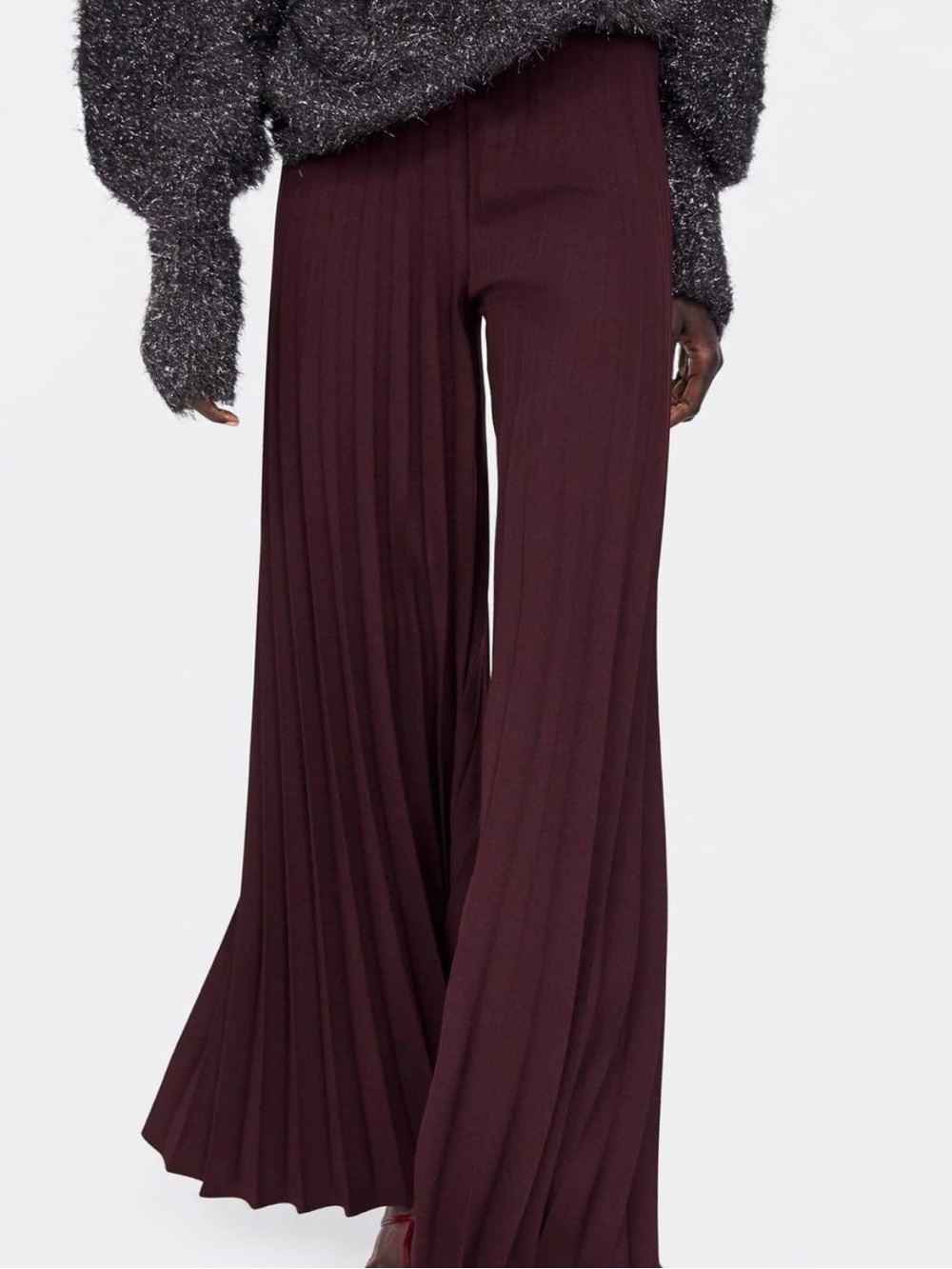 Zara Wide-Leg Pleated Pants in Deep Burgundy/ Maroon